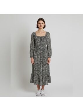 Japna black & white floral prairiecore pheasant long sleeve midi dress medium